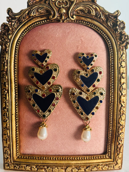 Arete Party Love Triple Corazón y Perla