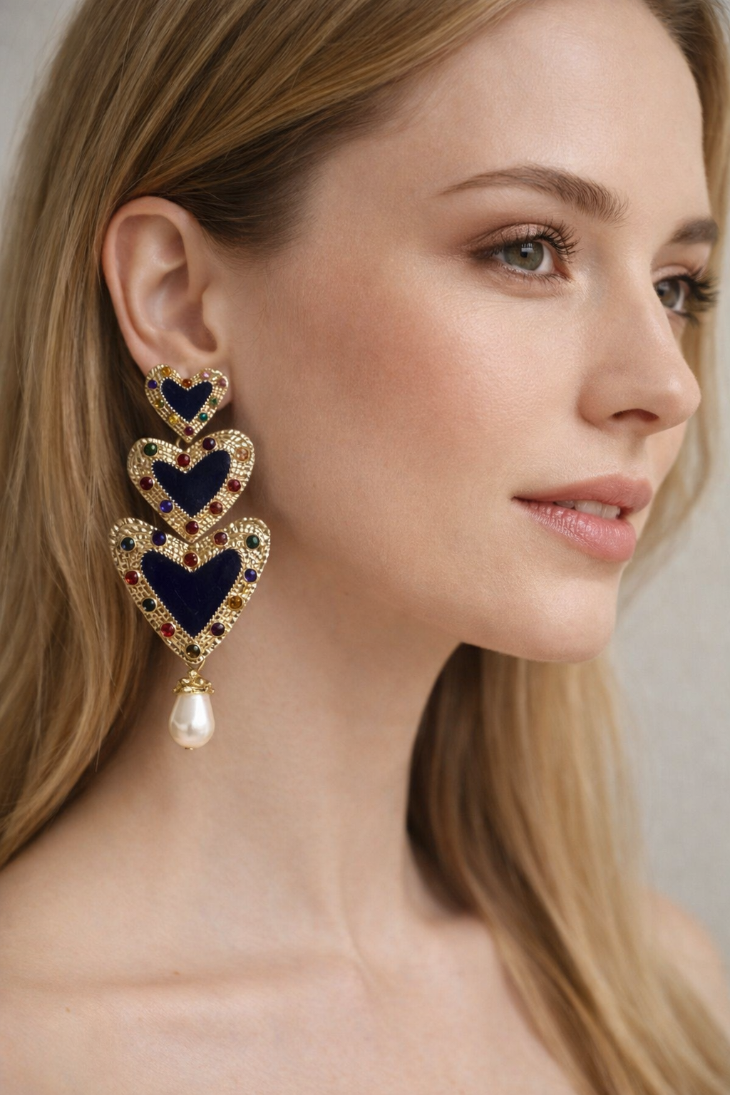 Arete Party Love Triple Corazón y Perla